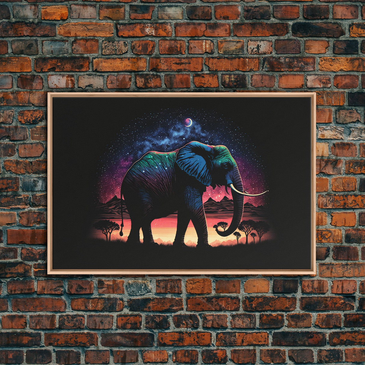 Elephant Art | Framed Canvas Print | Framed Wall Art | Animal Prints | Wildlife Art | Elephant Walks Under A Full Moon | Kid's Room Decor