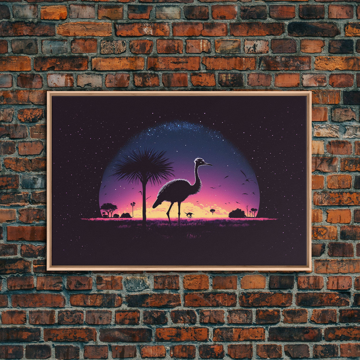 Emu Art | Framed Canvas Print | Synthwave Style Framed Wall Art | Animal Prints | Emu Walks Under A Full Moon | Kid's Room Decor
