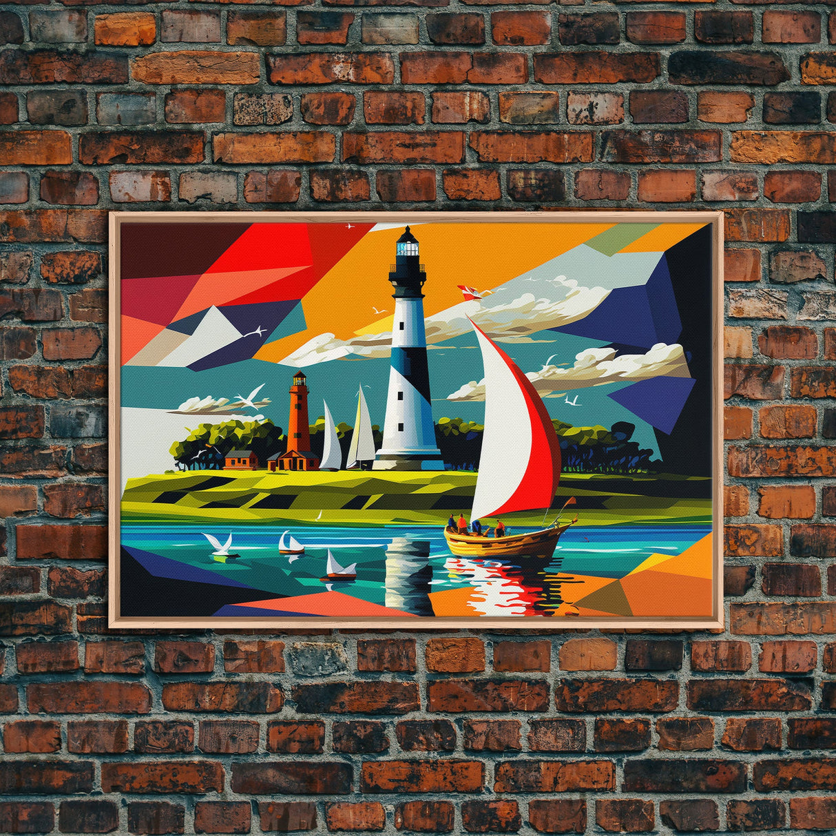 Sailboat and Lighthouse | Pop Art Style Painting Print | Framed Canvas Print | Colorful Minimalist Art | Nautical Art
