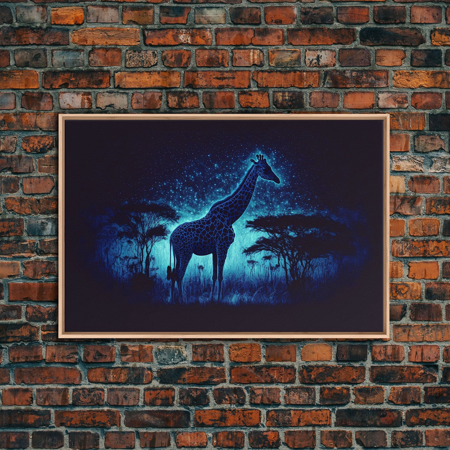 Surreal Giraffe Art, Wildlife Print, Animal Prints, framed canvas print, framed wall art, colorful turquoise night sky