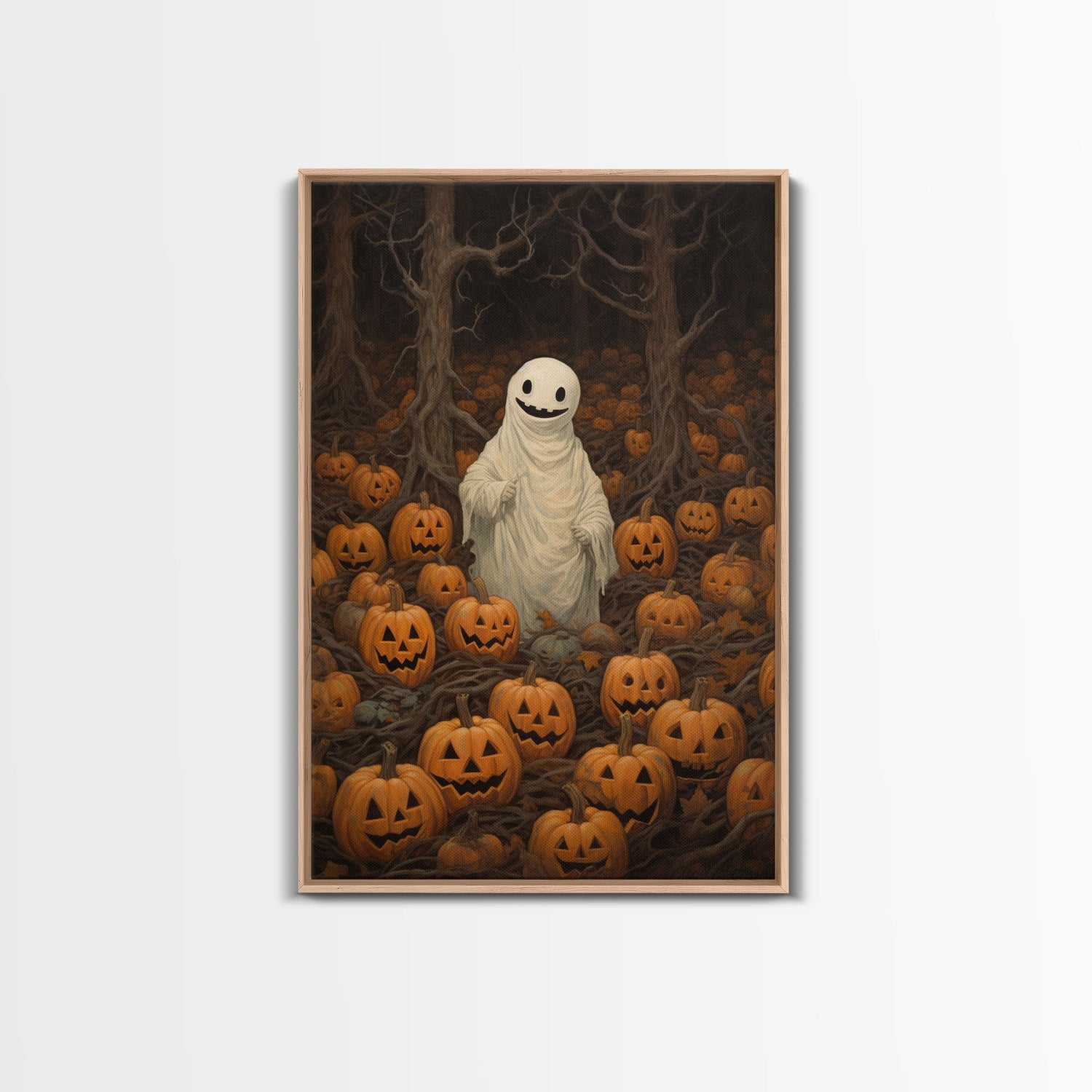 Fall Omens - Spooky Ghost In A Pumpkin Patch, Halloween Decor, Fall Art, Framed Canvas Print, Spooky Halloween Decor