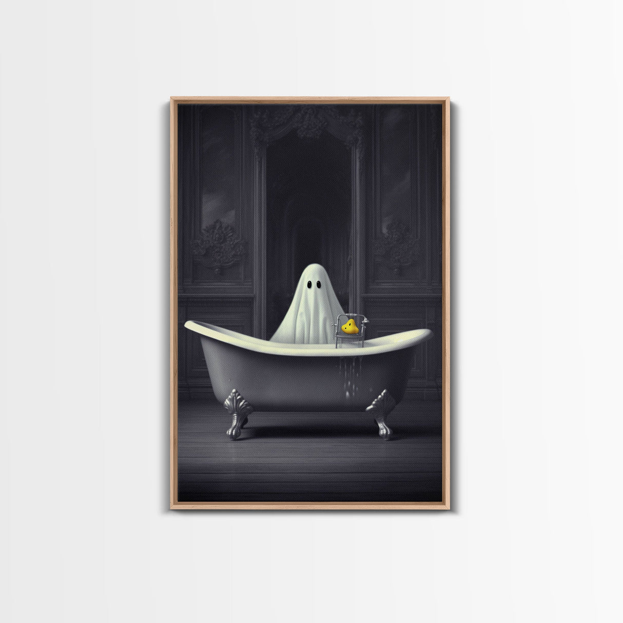 Ghost Bathroom Canvas, Dark Romantic Ghost Standing in Bathroom Creepy, Ghost in the Bath tub Wall Art Halloween Canvas, Funny Halloween