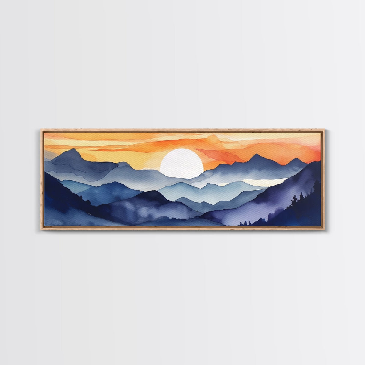 Midcentury Modern Watercolor Painting of a Mountain Sunset, Large Canvas Print, Mountain Artwork, Guest Room Art, Mountain Print, Panoramic