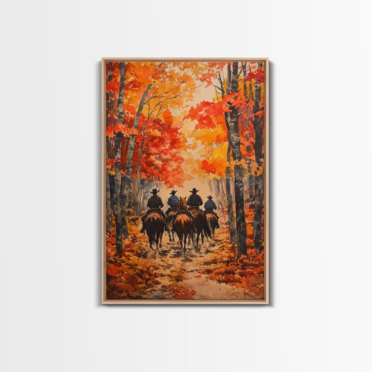 Cowboys Riding Into Town On Thanksgiving, Western Fall Decor, Framed Canvas Print, Autumn Outdoor Decor, Christmas poster