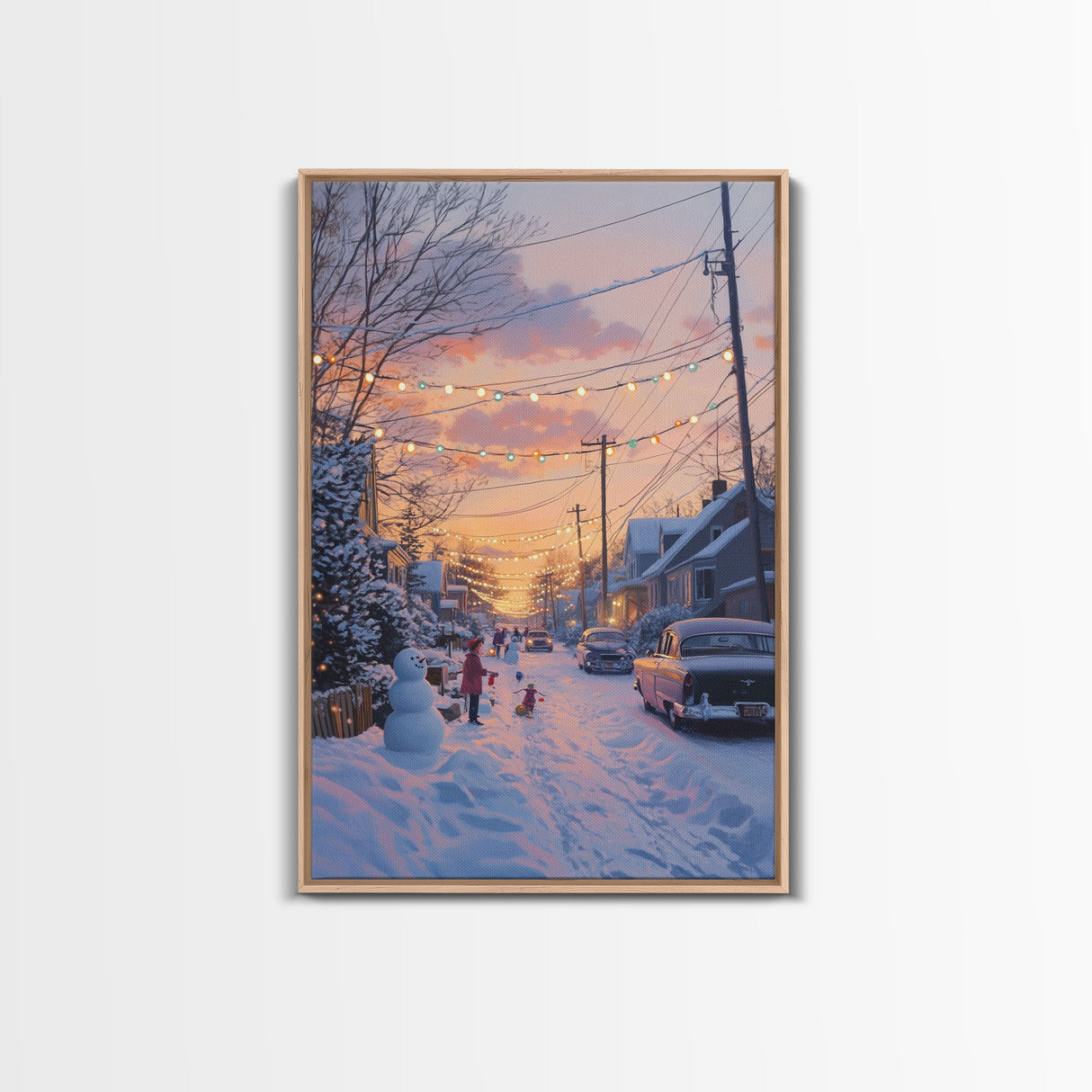 Cozy Neighborhood Christmas Evening with Snowmen and Festive Lights, Perfect for Framed Canvas Print and Holiday Wall Art