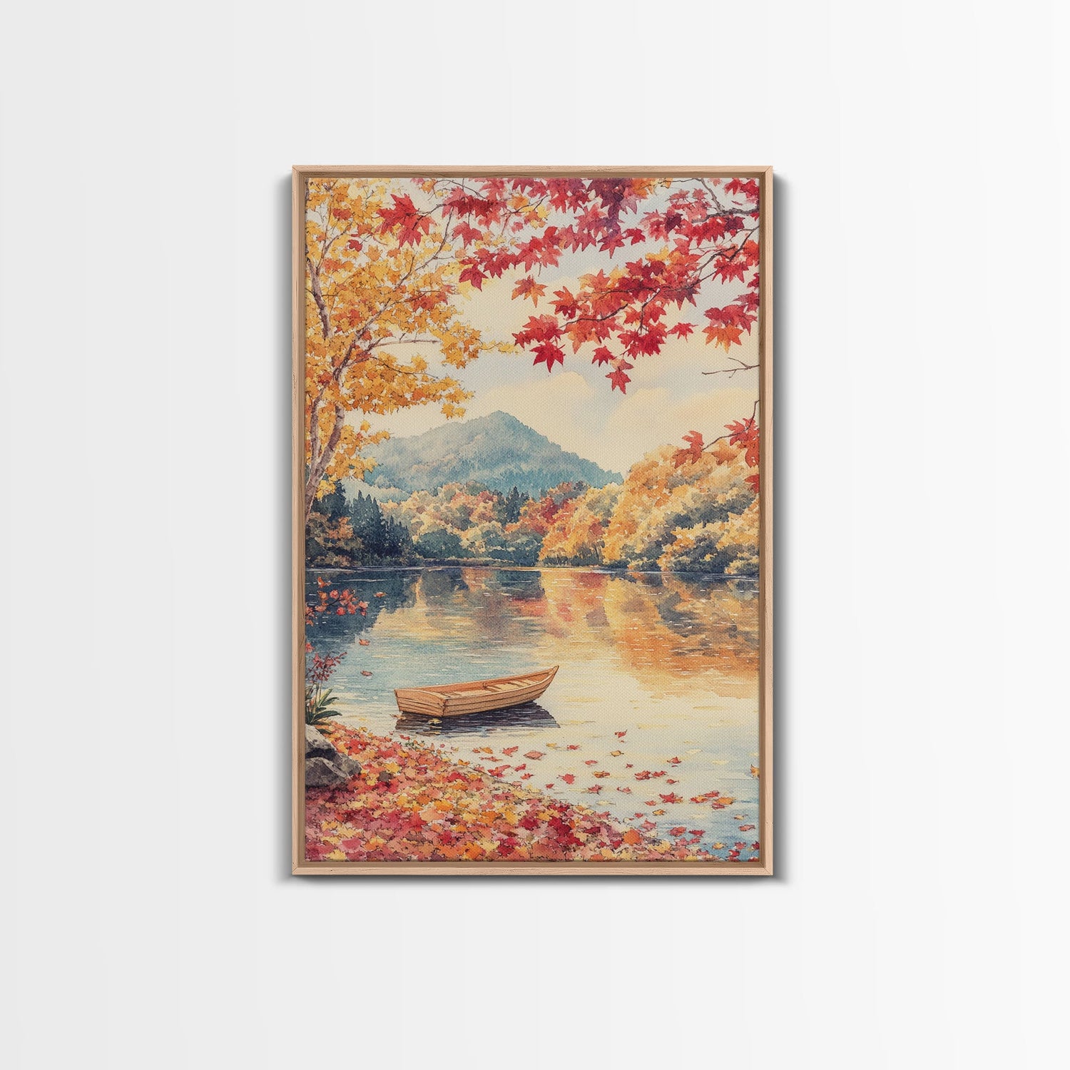 Canoe On A Serene Fall Lake, Framed Canvas Print, Autumn Decor, Fall Wall Art, Fall Poster, Autumn Prints Wall Art