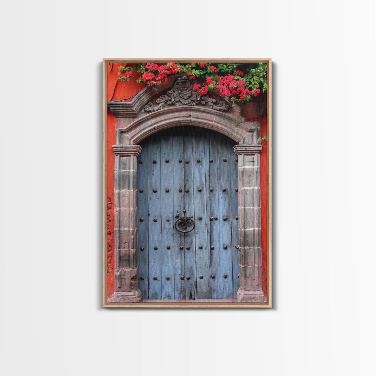 Mexican Style Colorful Architecture Framed Canvas Print Tall Art Depicting Traditional Blue Doors