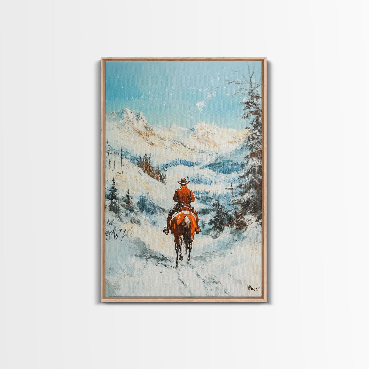 Cowboy Riding Through Snowy Mountains Framed Canvas Print Christmas Wall Art Winter Wonderland Decor Seasonal Wall Art Christmas Gift Idea