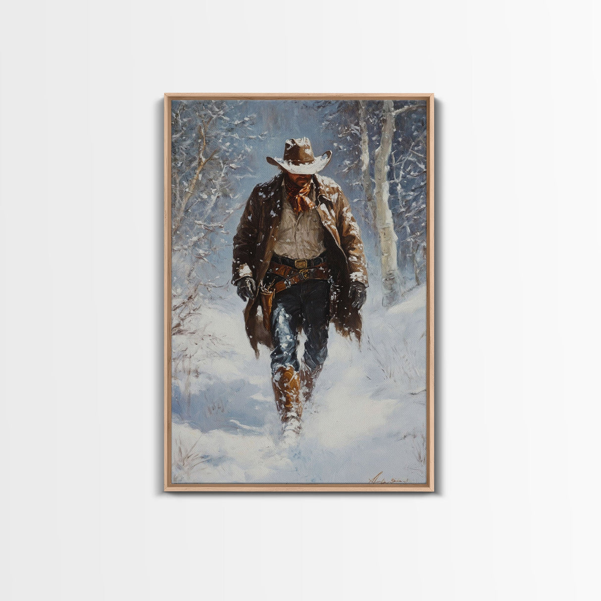 Cowboy Riding Horse in Snowy Forest Canvas Print, Winter Wall Art, Western, Rustic Christmas Wall Art, Seasonal Holiday Decor, Canvas Print