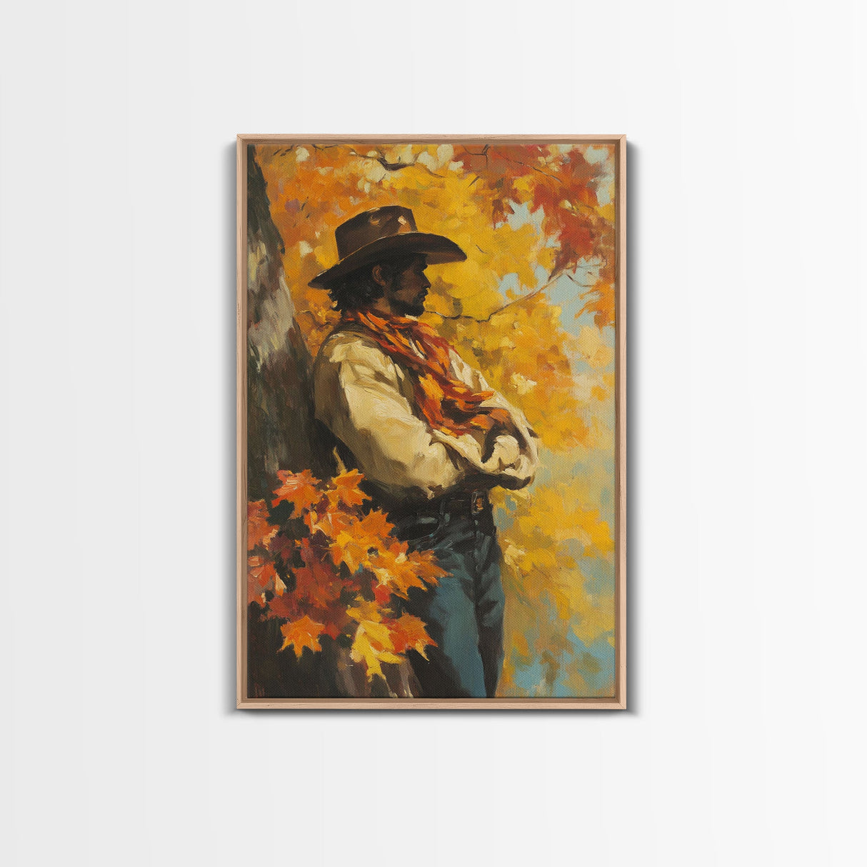 Cowboy Walking in Winter Forest at Sunset Canvas Print, Seasonal Western Wall Art, Rustic Christmas Wall Decor, Vibes, Framed Canvas Print