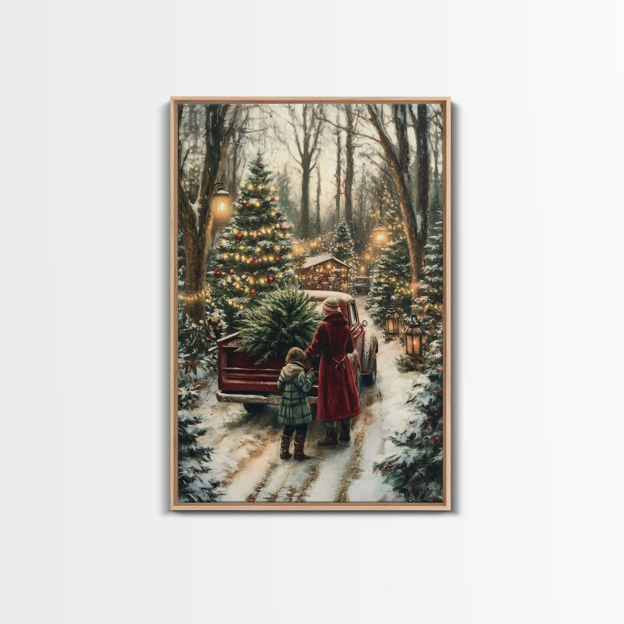 Rustic Christmas Tree Farm with Red Truck in Snowy Forest, Ideal Farmhouse Christmas Decor for Holiday Wall Art, Framed Canvas Print