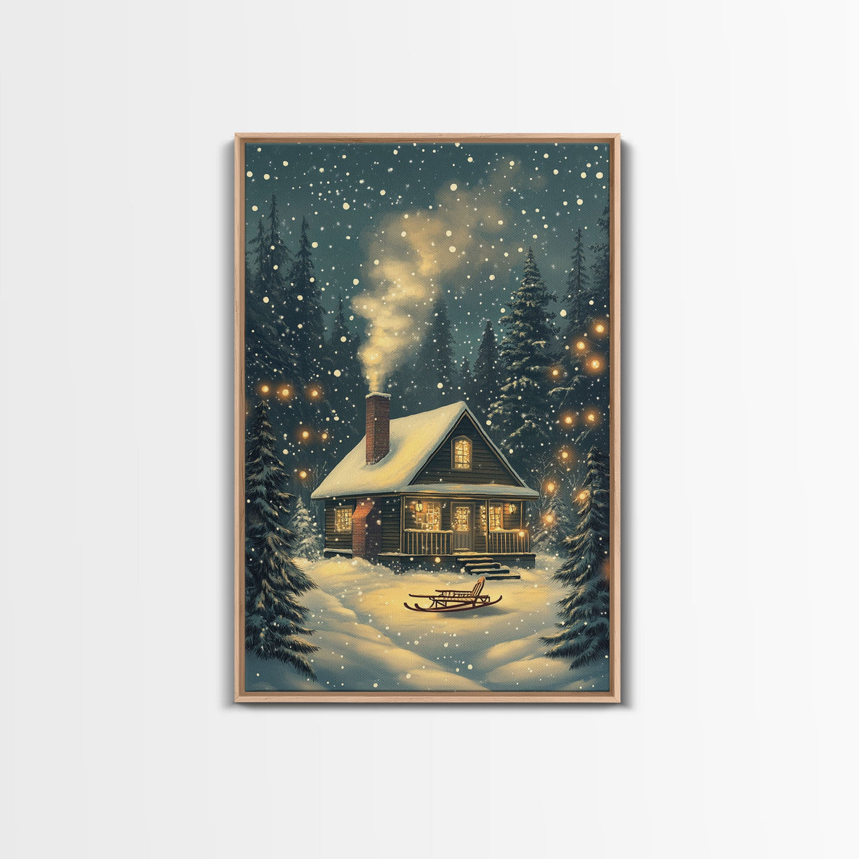 Cozy Cabin in Snowy Winter Forest, Warm Christmas Lights and Peaceful Holiday Scene, Perfect for Winter Wall Art, Framed Canvas Print