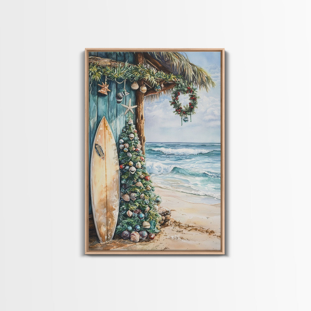 Surf Shack Christmas Framed Canvas Print, Beachfront Holiday Scene with Decorated Tree Surfboard, Coastal Wall Art Tropical Christmas Decor
