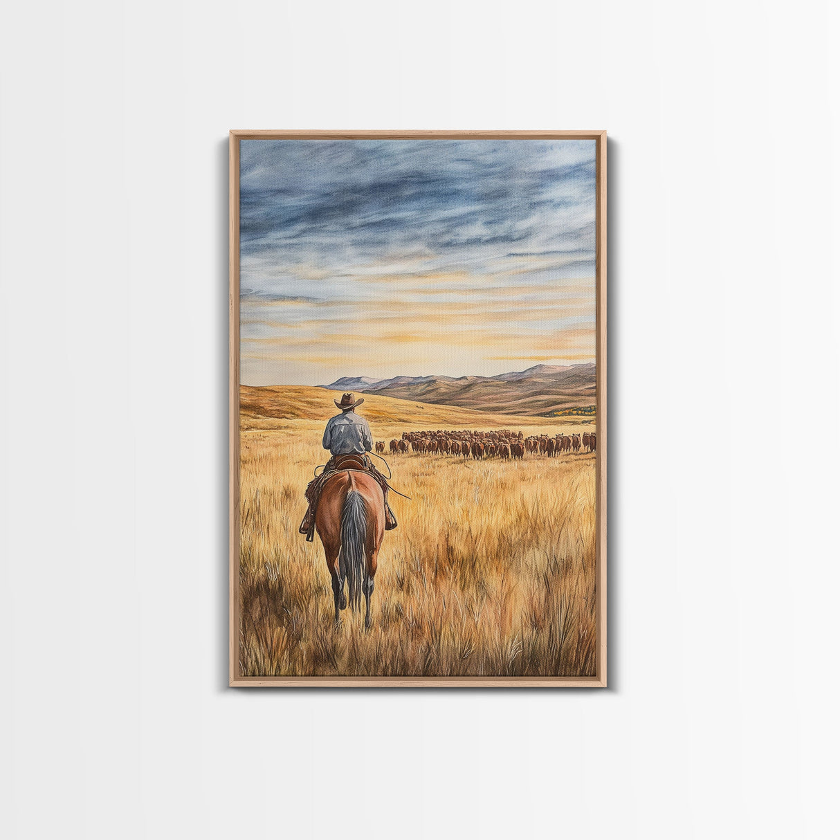 Cowboy leading cattle across golden prairie, Framed Canvas Print, western landscape wall art for rustic farmhouse decor, gift idea holiday