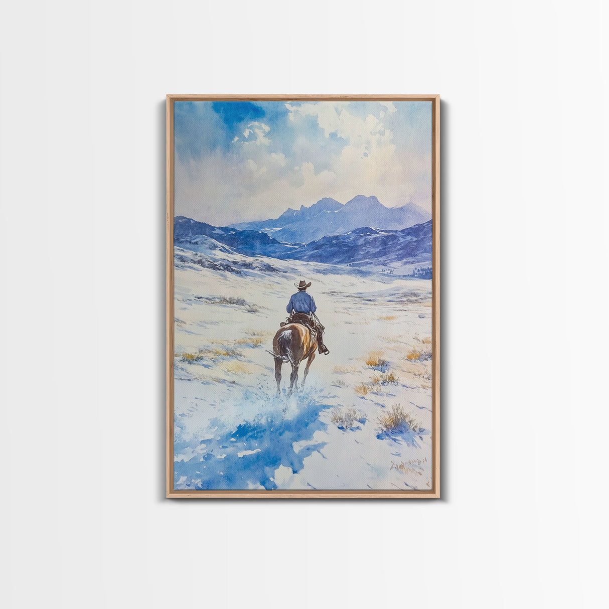 Cowboy riding through snowy mountain pass, Framed Canvas Print, western winter landscape wall art, farmhouse holiday decor Christmas gift