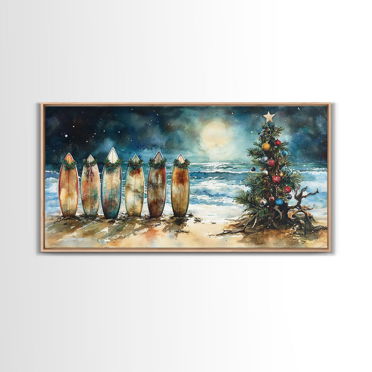 Canvas Print Surfboards and Christmas Tree at Beach, Tropical Christmas Decor, Beach Christmas Art, Coastal Holiday Wall Art