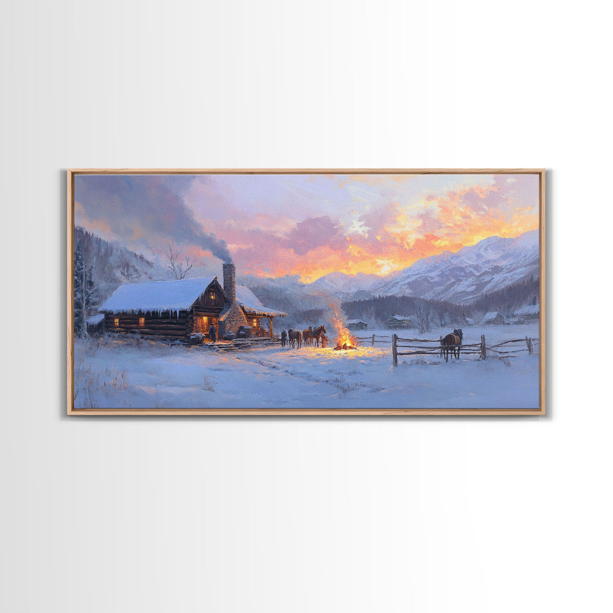 Cozy Snowy Log Cabin Tall Art Framed Canvas Print Winter Home Decor With Warm Fireplace And Horse Rider Under A Beautiful Sunset Scene
