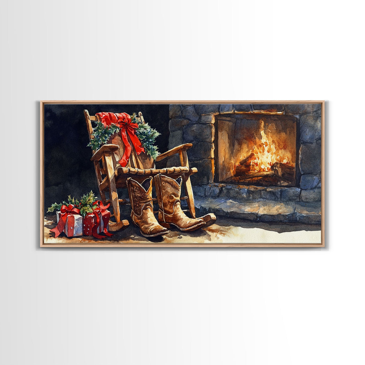 Canvas Print Rocking Chair and Cowboy Boots by Fireplace, Cozy Christmas Decor, Western Holiday Wall Art, Rustic Christmas Scene