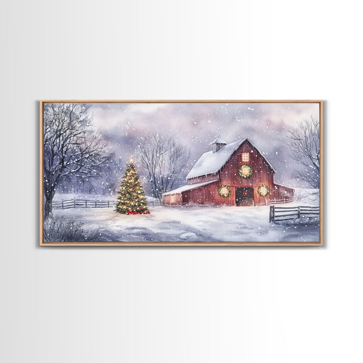 Christmas decor farmhouse Framed Canvas Print snowy barn scene holiday wall art Christmas tree decor best gift Christmas holiday home decor