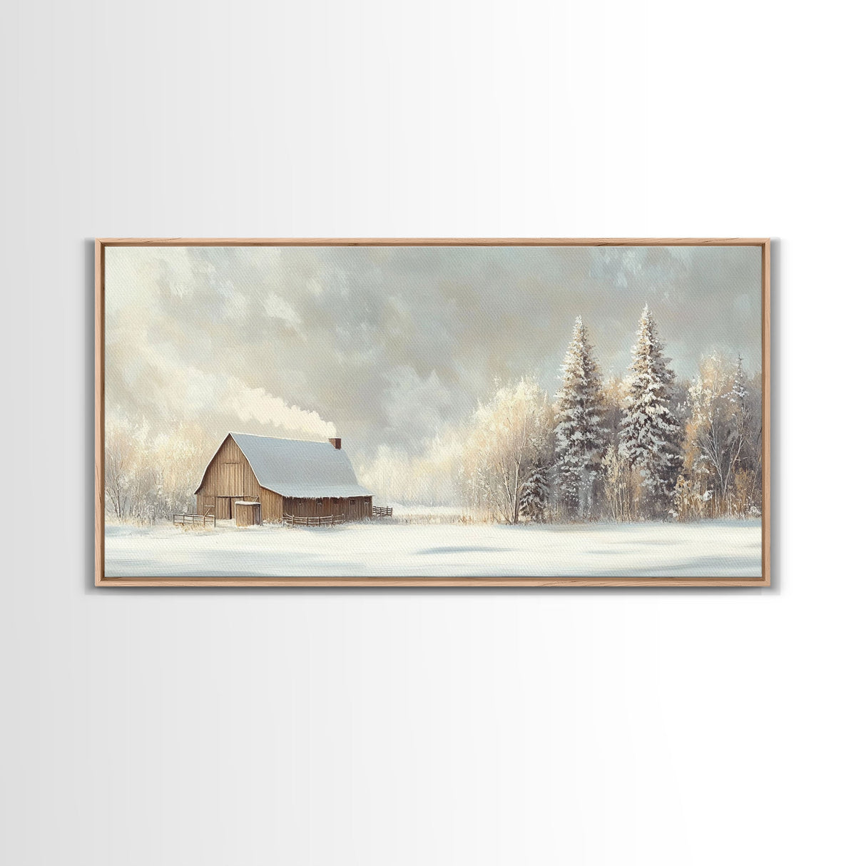 Snowy Barn In Winter Wonderland Tall Art Framed Canvas Print Tranquil Rustic Barn Covered In Snow With Pine Trees Winter Landscape
