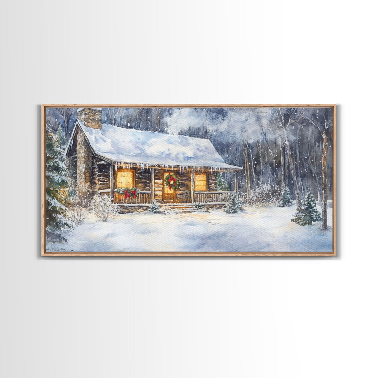 Snowy cabin Christmas decor, winter wonderland wall art, rustic farmhouse Christmas print, cozy country home decor, framed canvas print