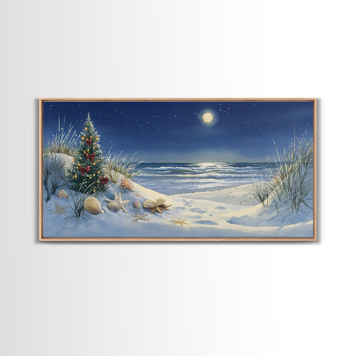 Christmas Tree on Snowy Beach with Full Moon, Framed Canvas Print, Coastal Christmas Art, Nautical Holiday Decor, Winter Wonderland, Beach