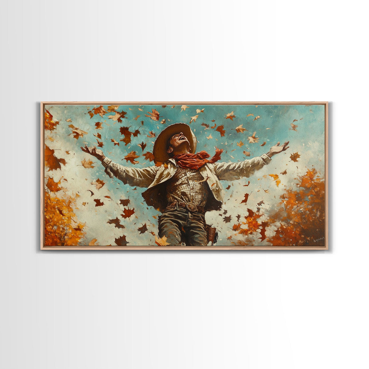Cowboy Throwing Leaves In The Air, Funny Western Decor, Framed Canvas Print, Mood Lifting Wall Art, Fall Decor