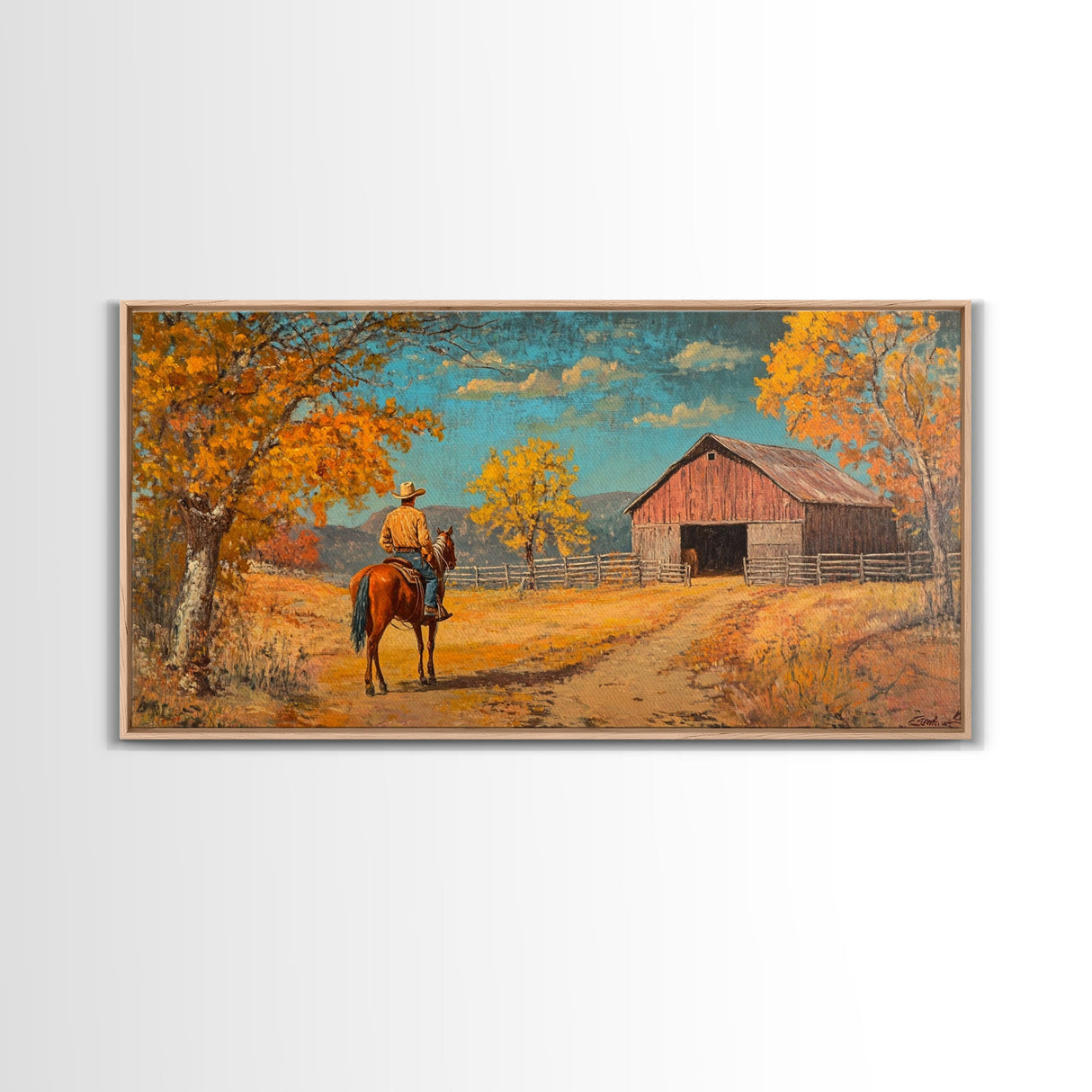 Cowboy Horse Autumn River Framed Canvas Print Perfect Above Sofa Fall Cowboy Art Moody Landscape Fall Western Wall Art