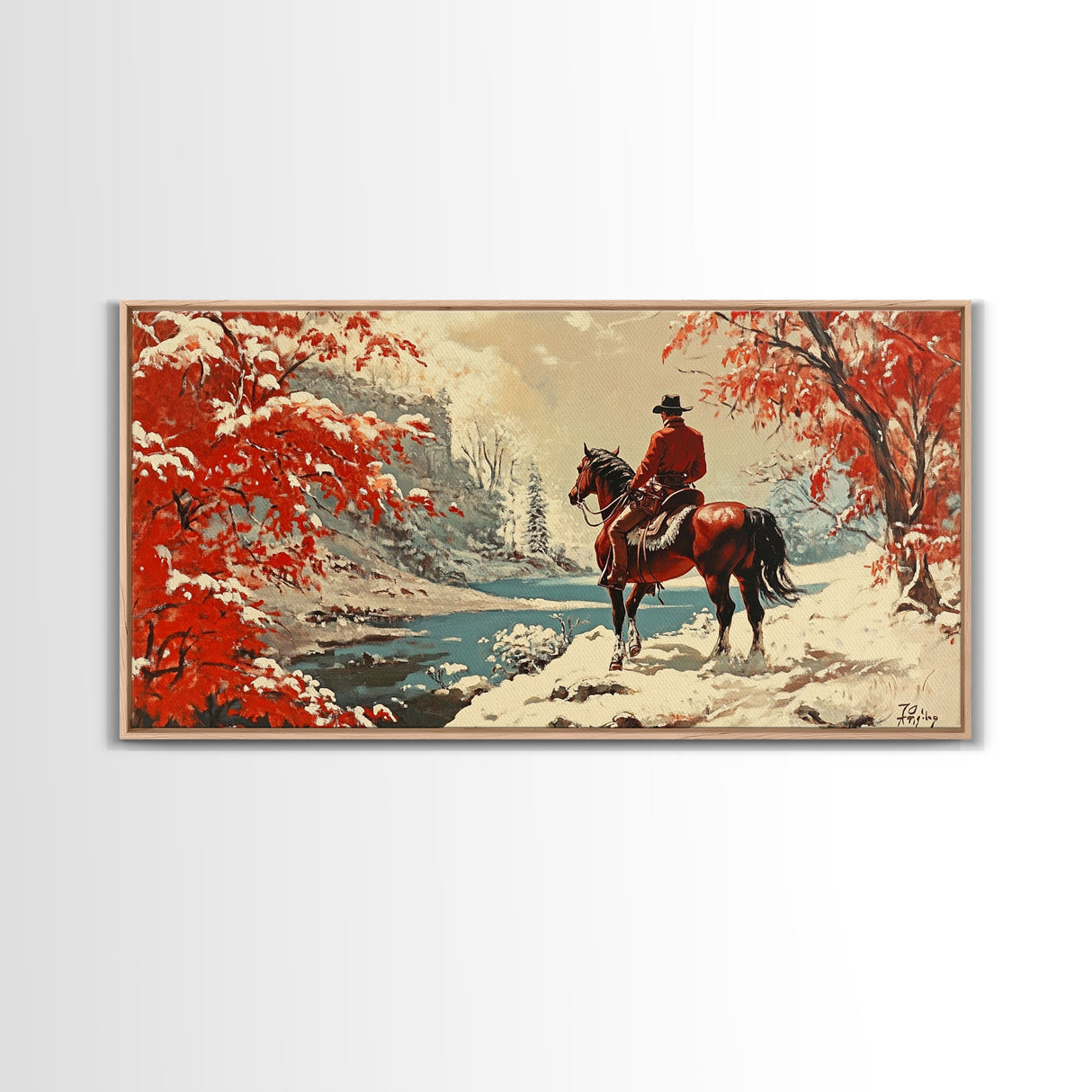 Cowboy resting by campfire under aspen trees with mountains in background, Framed Canvas Print, rustic wall art, warm western decor piece