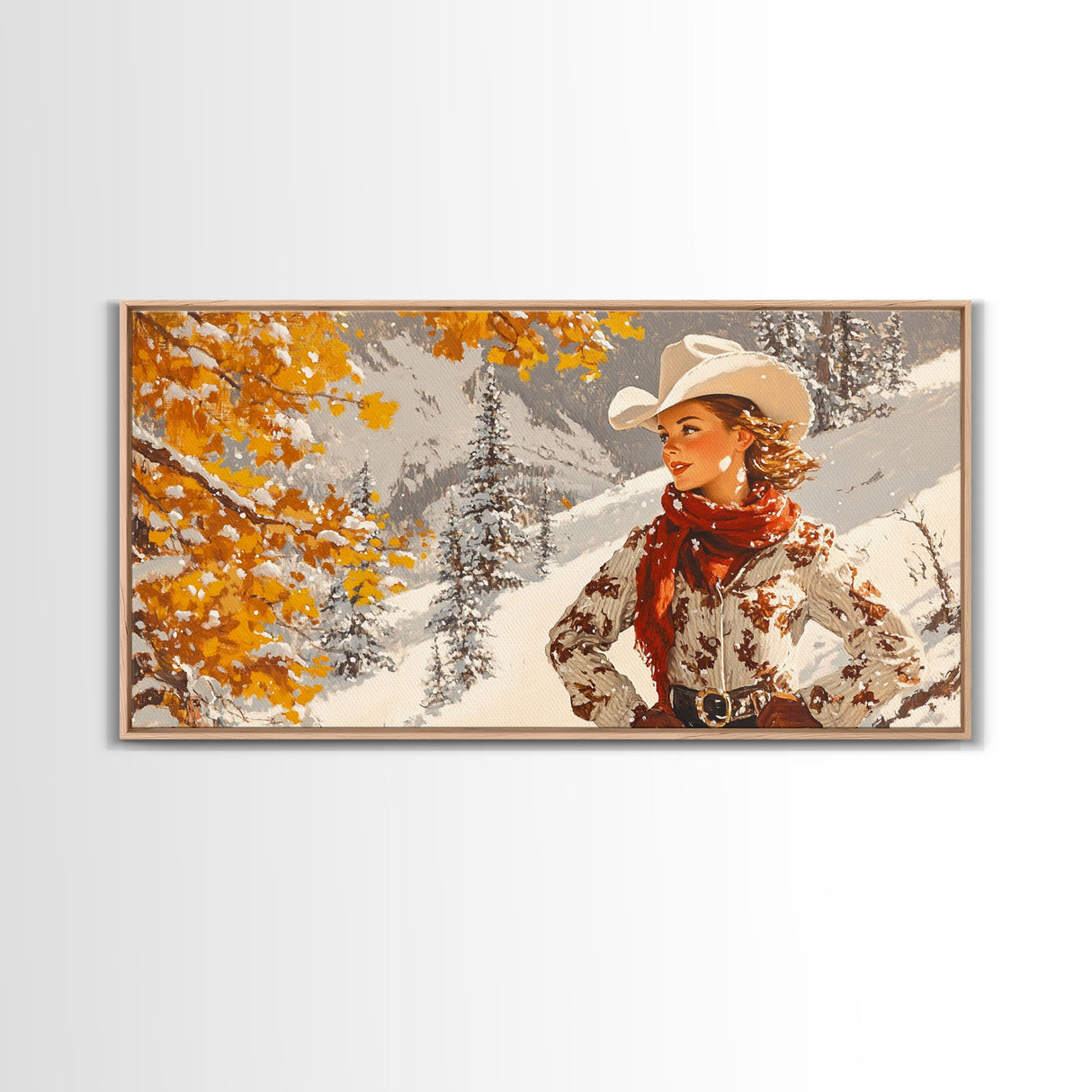 Charming Framed Canvas Print of a Cowgirl in Autumn Leaves, Perfect Fall Wall Decor and Gift Idea for Fans of Western Art Rustic Home Decor