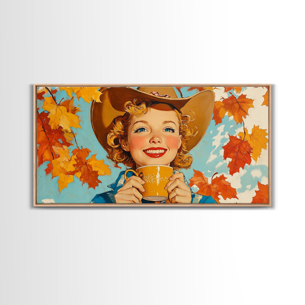 Cowgirl Having A Cup Of Joe, Framed Canvas Print, Farmhouse / Western Rustic Charm, Seasonal Art Piece to Warm Up Your Home Decor This Fall