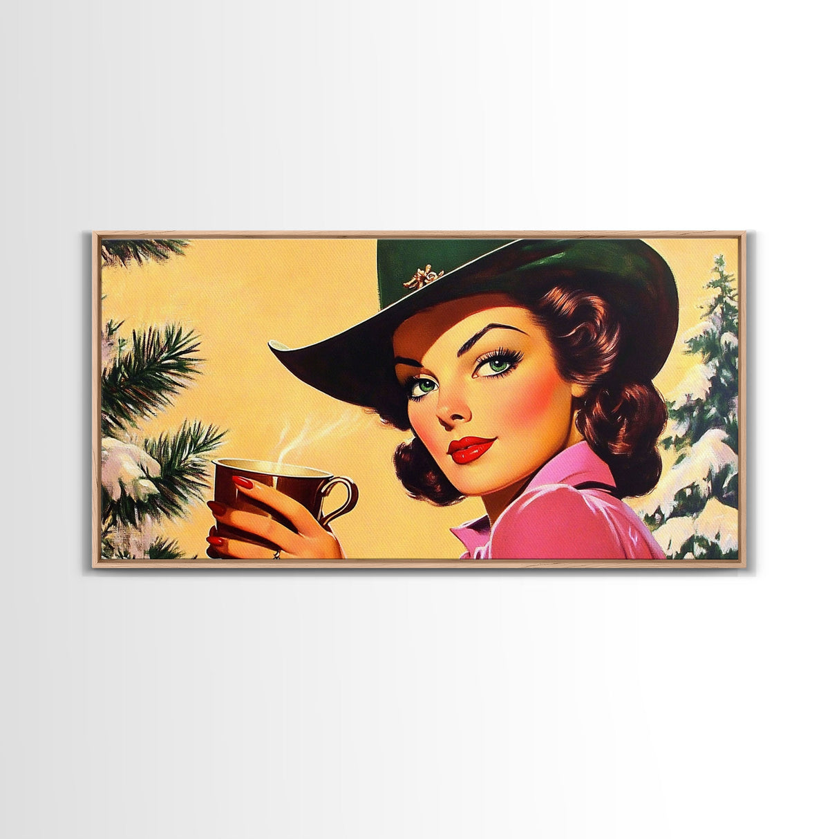 Serene Pathway Framed Canvas Print Featuring Pink Blossoms and Autumn Foliage, Calming Fall Landscape Ideal Seasonal Decor