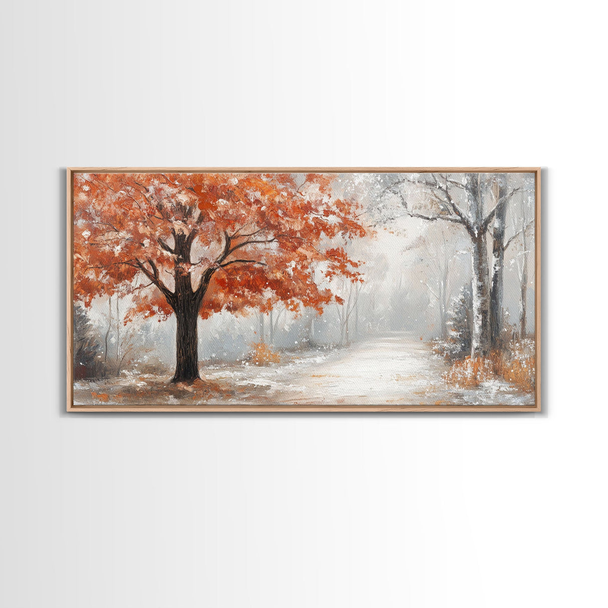 Misty Forest Path with Orange Leaves Framed Canvas Print, Ideal Autumn Decor or Fall Wall Art for Cozy Home Interiors