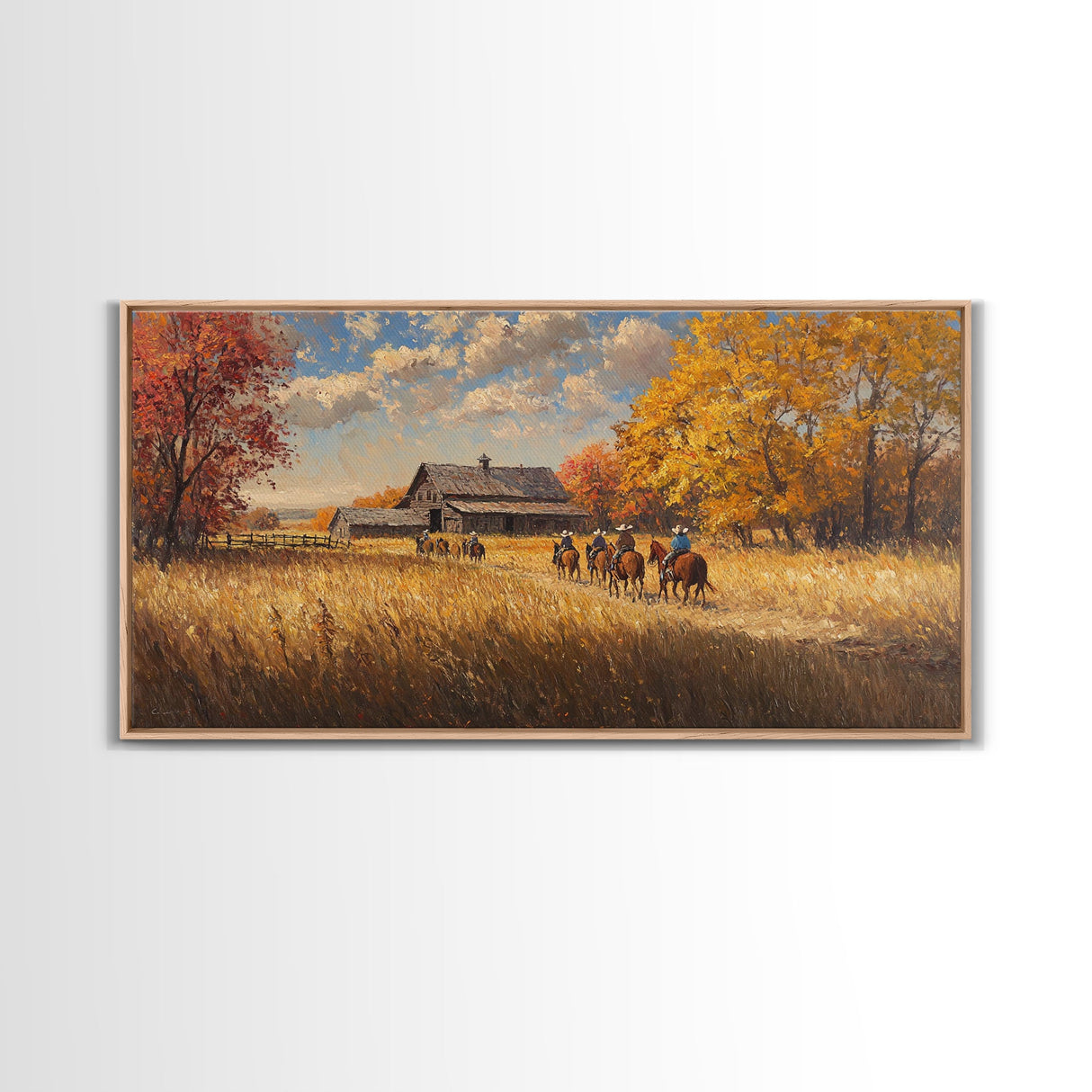 Horseback Riders In Autumn Near Barn, Rustic Fall Wall Art, Cozy Farmhouse Decor Framed Canvas Print, Harvest Time Country Art