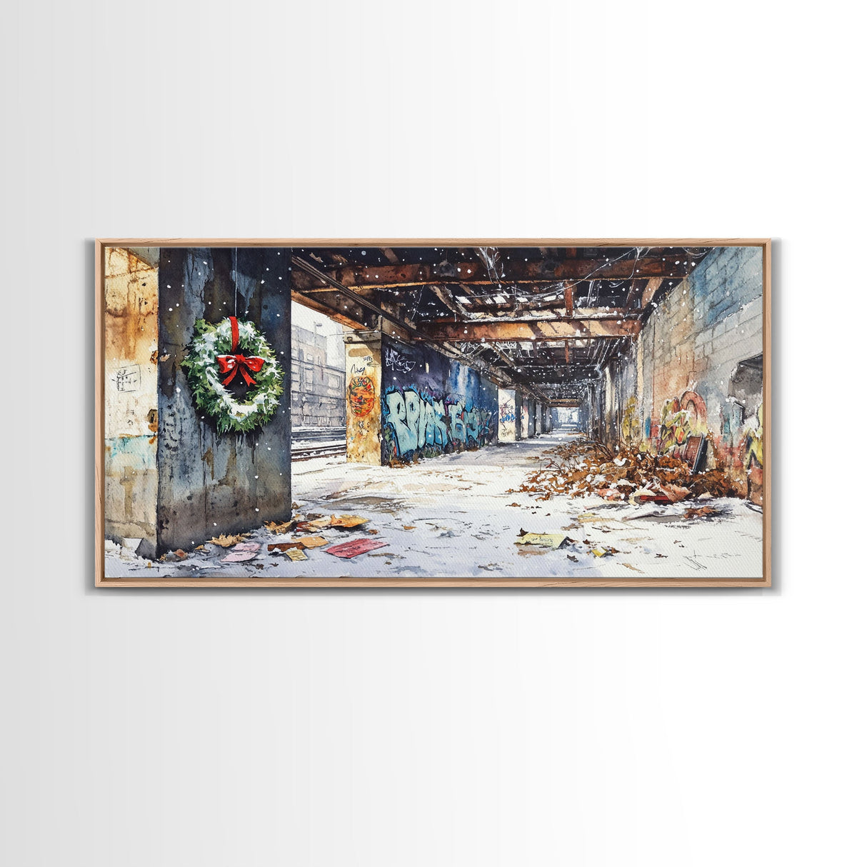 Rustic Urban Wreath Holiday Decor Framed Canvas Print, Christmas Scene with Snowfall and Graffiti Wall Perfect Holiday Wall Art