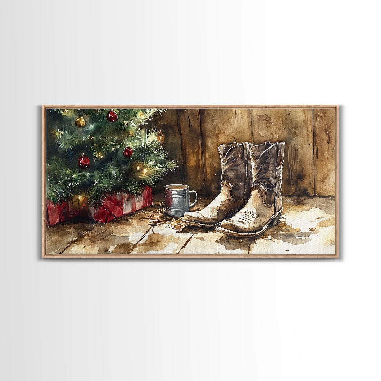 Christmas Cowboy Boots By Tree Framed Canvas Print Tall Art Rustic Western Christmas Decor Farmhouse Holiday Wall Art Cowboy Holiday Gift