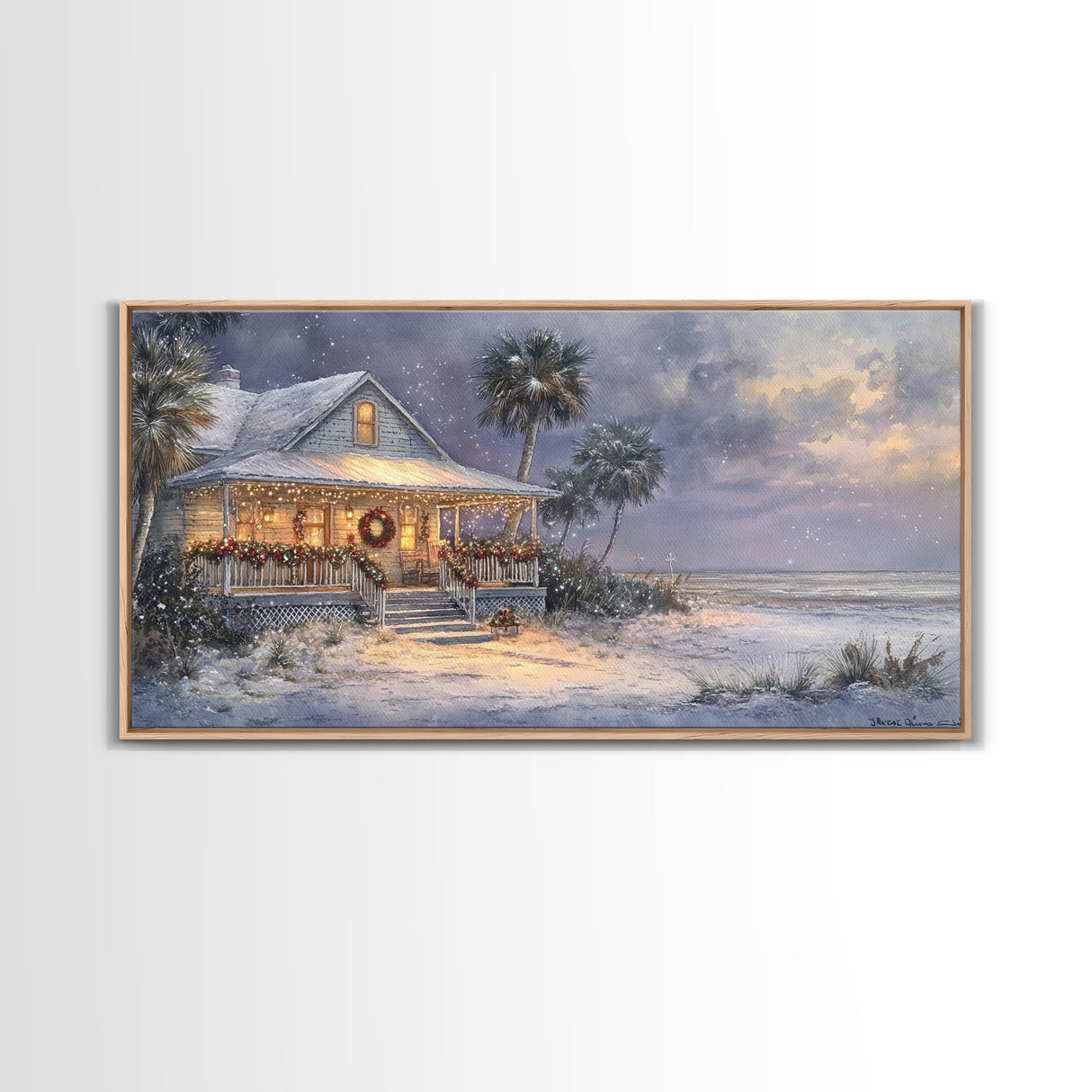 Christmas beach decor scene in tropical house with wreath and lights, Framed Canvas Print palm trees snow, winter art and holiday home decor