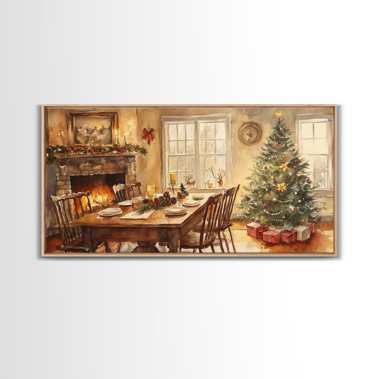 Rustic Christmas dining room scene with a Christmas tree, Framed Canvas Print with a festive table warm fireplace, farmhouse holiday decor