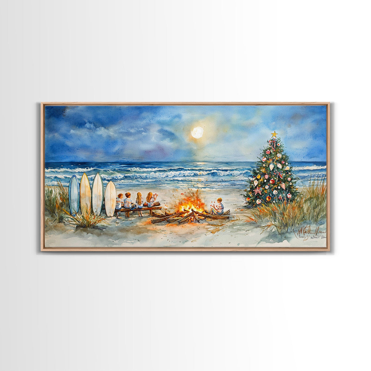 Christmas bonfire on the beach with surfboards and decorated tree, framed canvas print ideal tropical holiday wall art decor