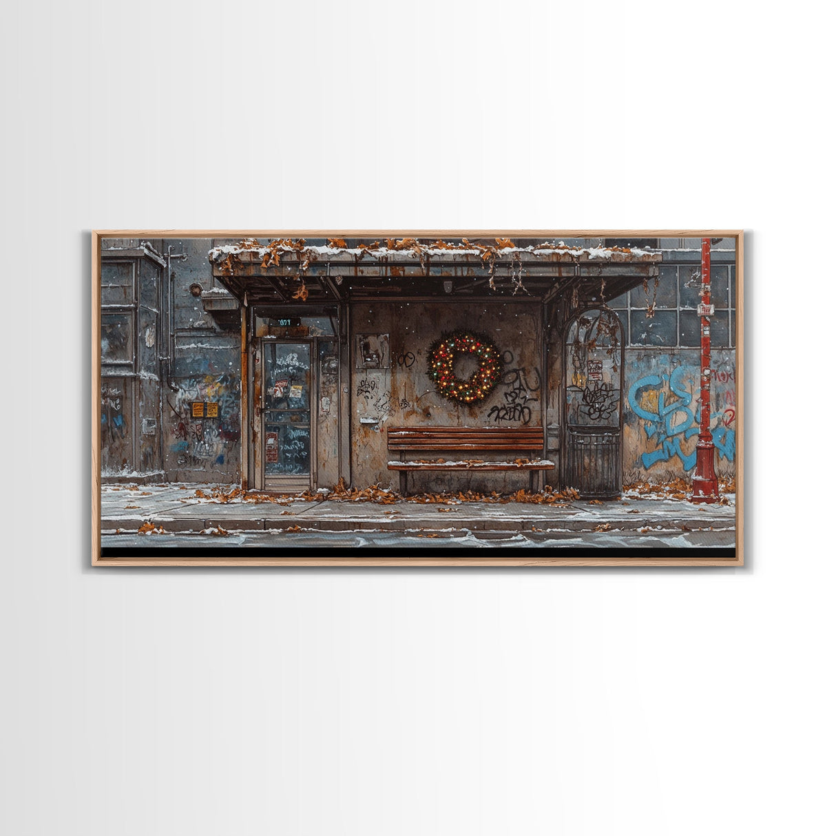 Urban Christmas street scene with wreath on a graffiti wall, framed canvas print perfect moody holiday decor winter wall art