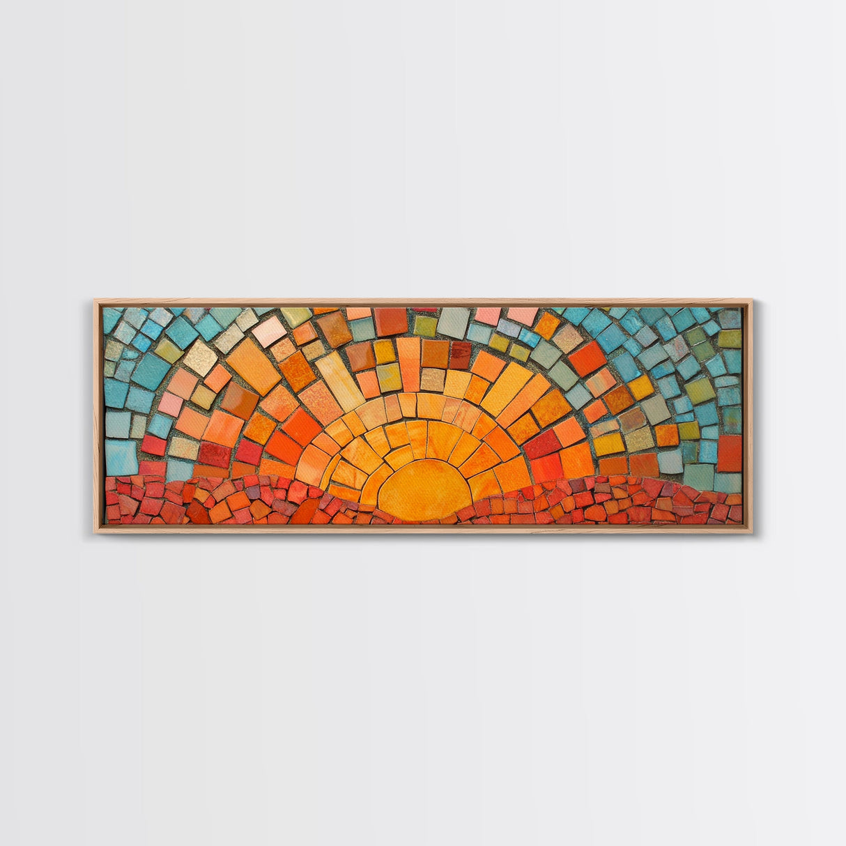 Wood Framed Mid Century Modern Wall Art - Sunset Mosaic Tiles Print - Horizontal Modern Wall Art - Panoramic Above Bed Decor - Boho Wall Art