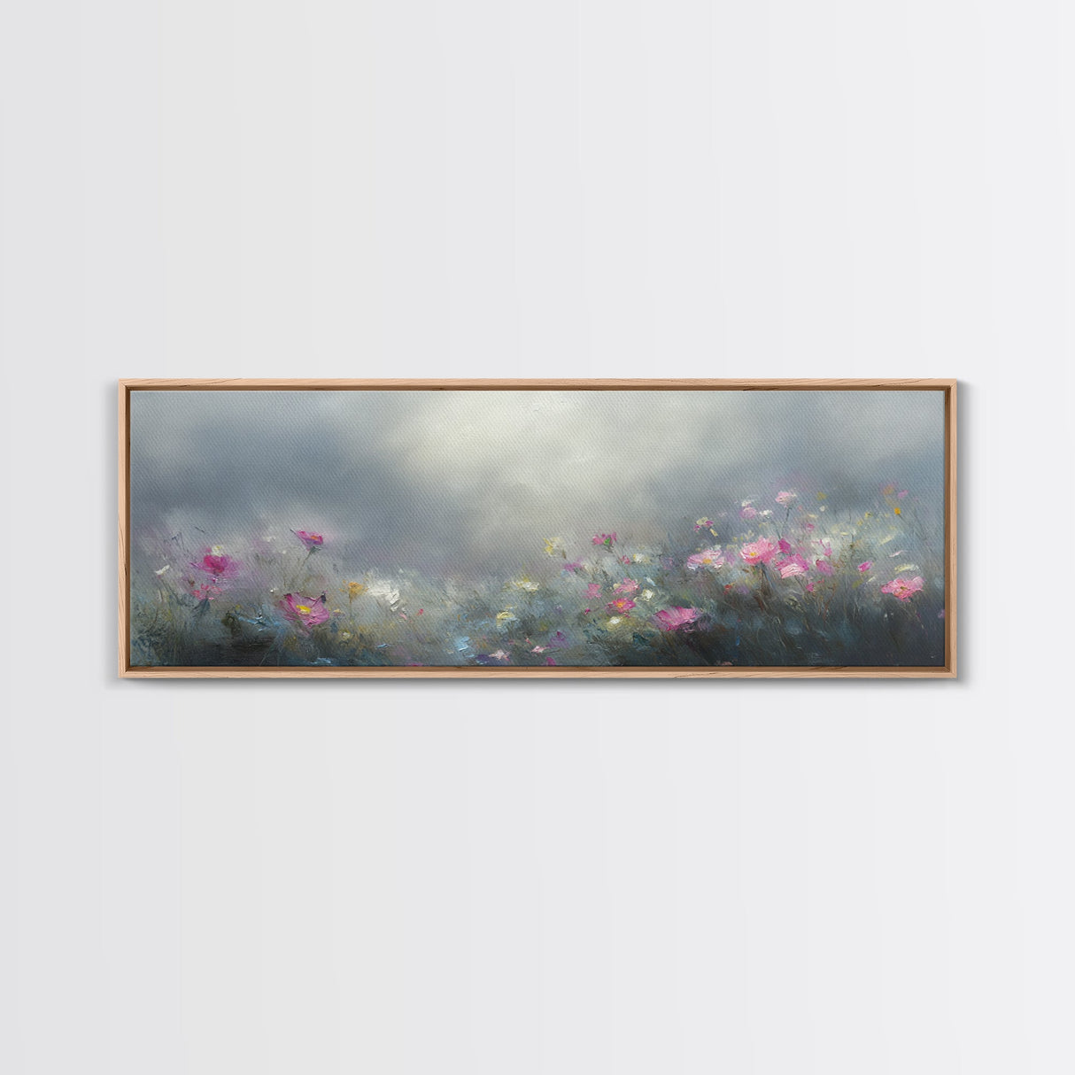 Moody Wild Flowers Under a Cloudy Sky, Panoramic Framed Canvas Print, Nature Decor, Boho Floral Wall Art, Flower Painting Gift For Her