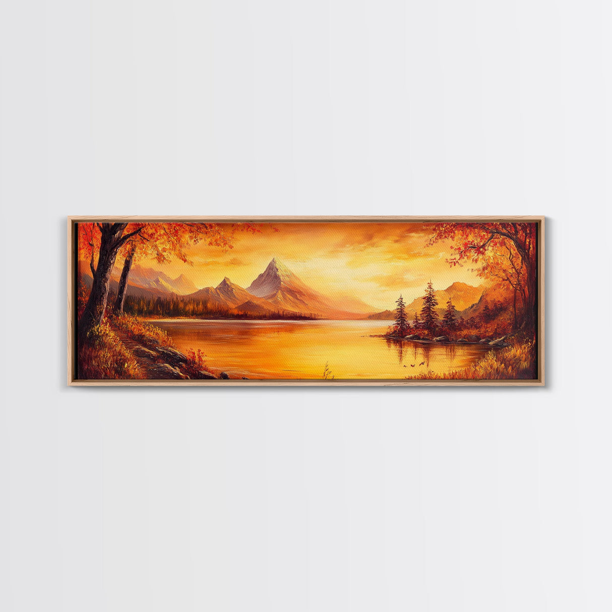 Golden Hour Over The Mountains, Sunset Landscape Painting Print, Wood Framed Artwork, Ultra Wide Panoramic Print