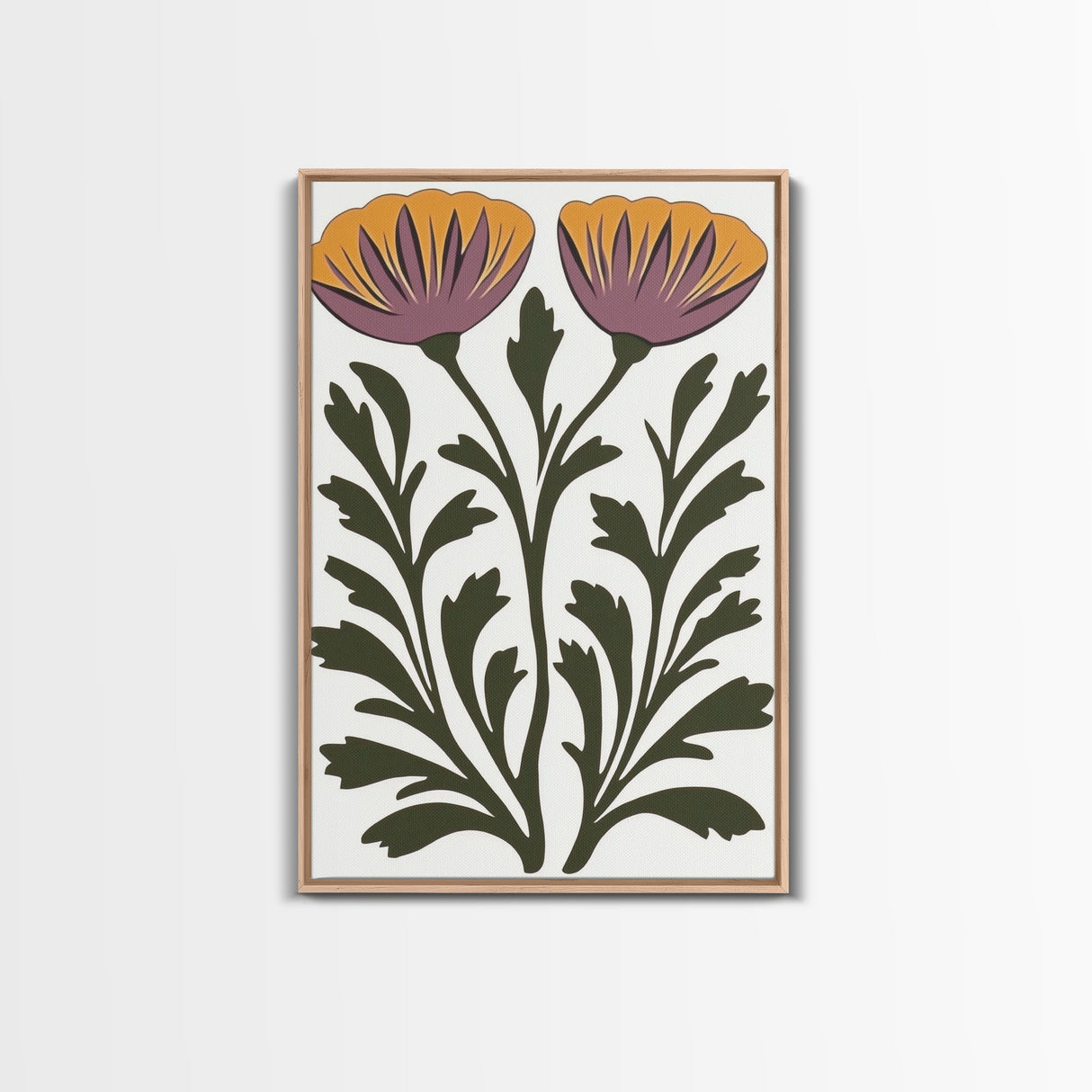 Abstract Botanical Wall Art, Framed Canvas Print, Purple Flowers on White Background