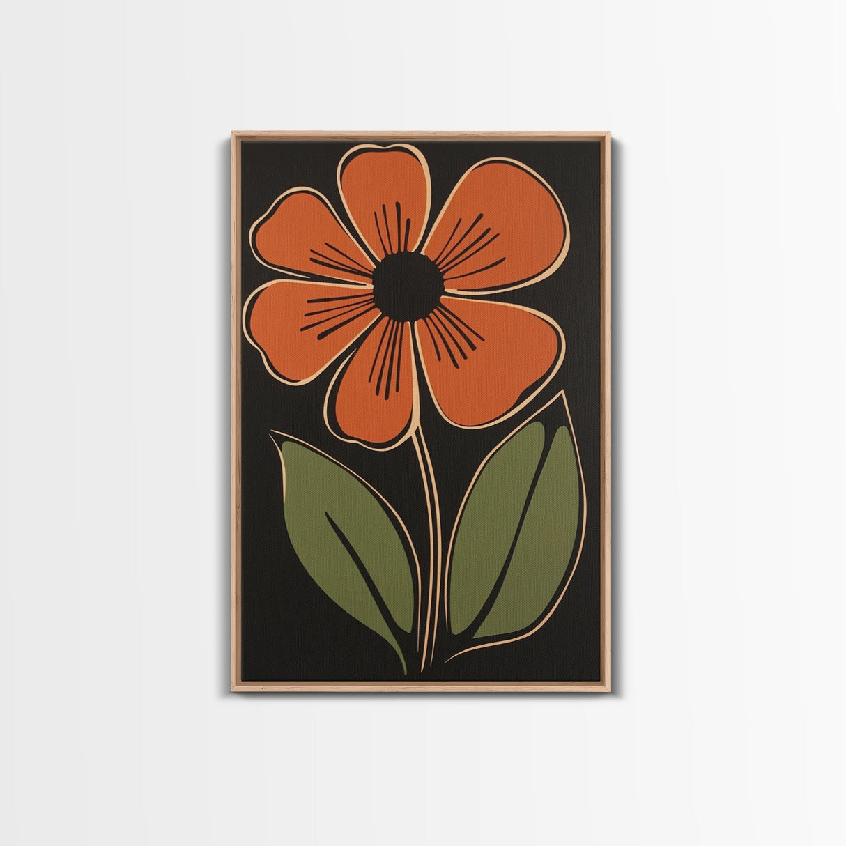 Mid Century Modern Floral Print, Orange Flower on Black Background, Framed Canvas Print