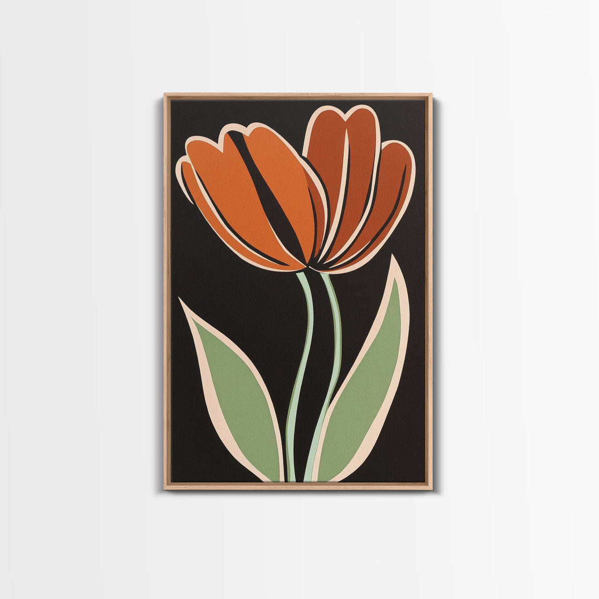 Orange Tulip with Black Background, Framed Canvas Print, Cute Floral Print, Botanical Minimalist Home Decor
