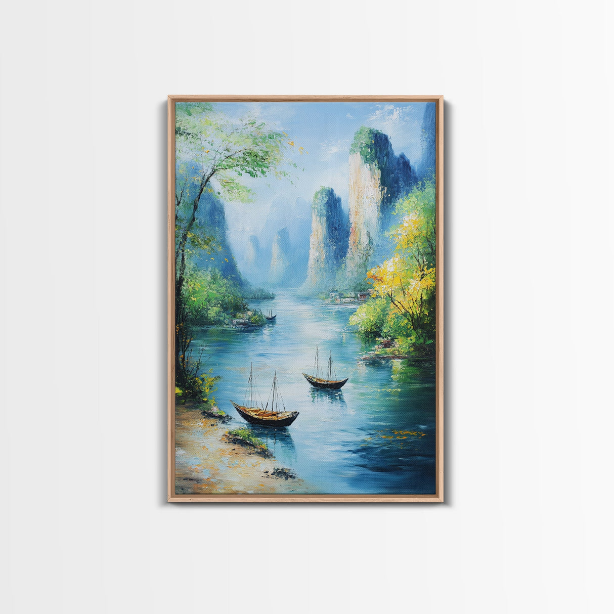 Vibrant Fantasy Art - Original Painting Framed Canvas Print - Sail Boats in The Bay - Nautical Themed Home Decor