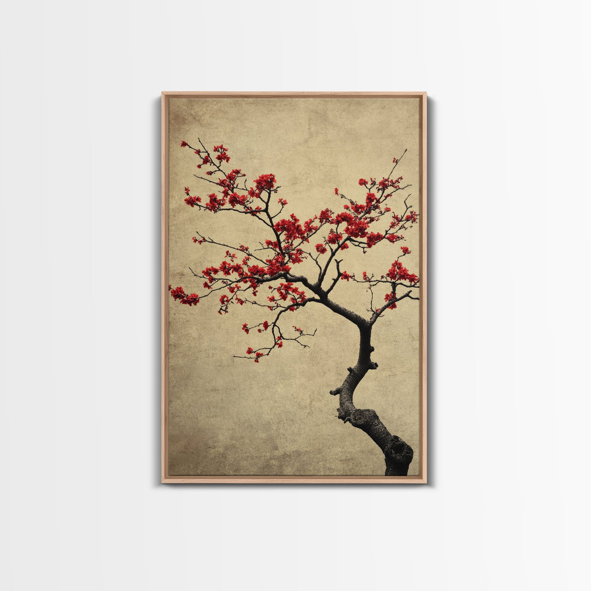 Japanese Maple Tree in Spring, Framed Canvas Print, Cherry Blossoms Painting, Wood Framed Living Room Art, Minimalist Decor