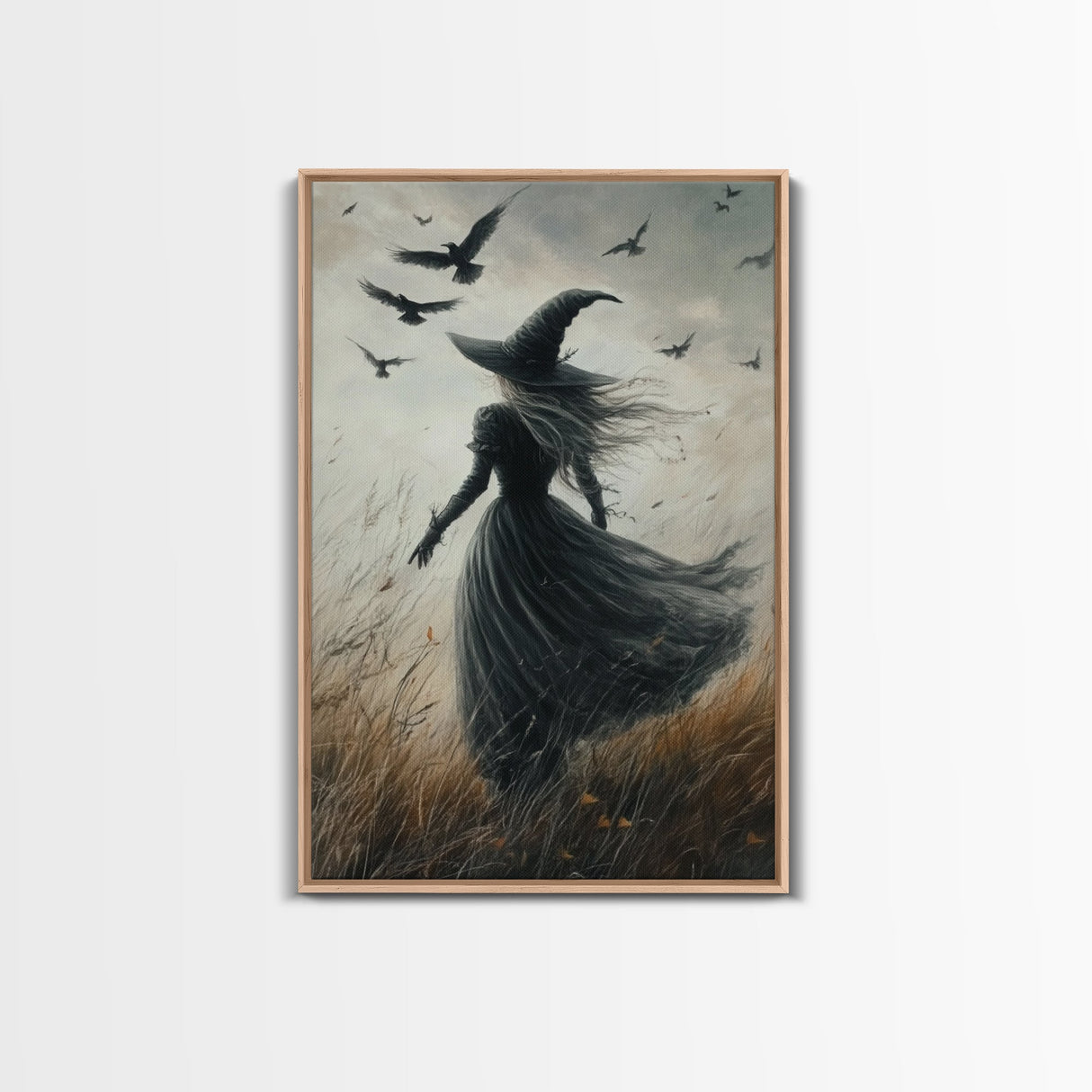 The Witch and her Ravens, Framed Canvas print, Spooky Season Halloween Wall Art, Gothic Home Decor, Witch Wall Art, Halloween Art