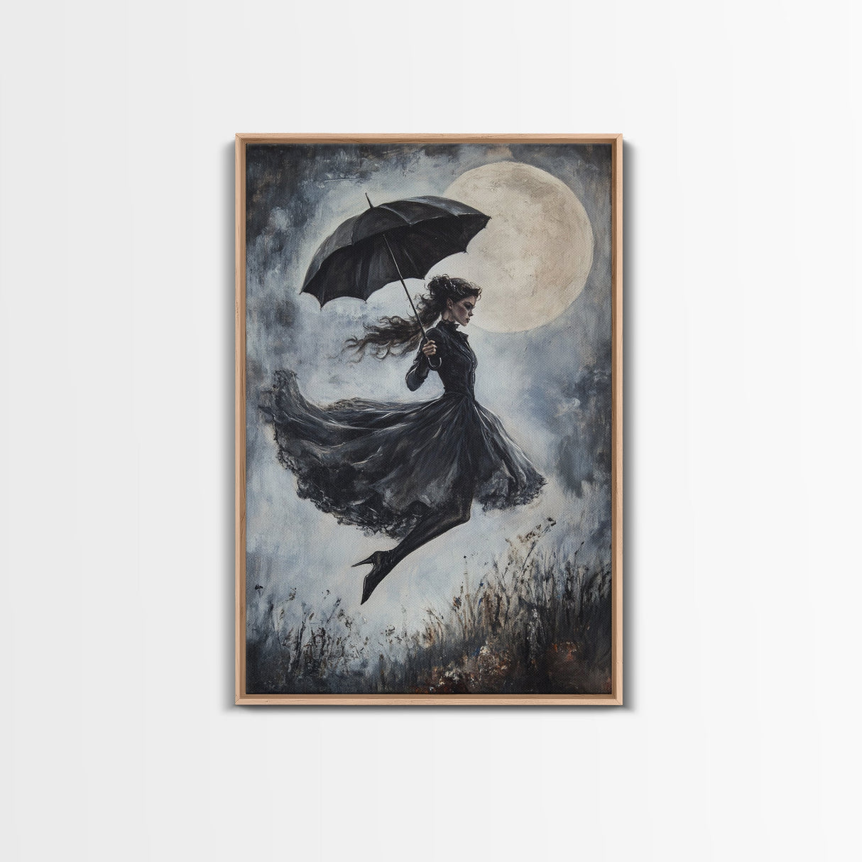 Witch Flying with an Umbrella, Framed Canvas Print, Witchy Decor, Halloween Wall Art, Goth Art, Dark Academia